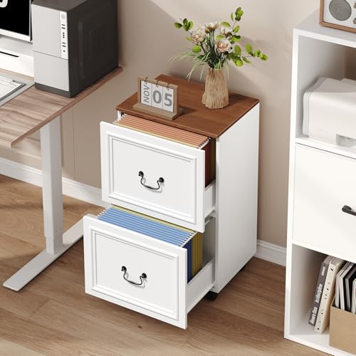 MAHANCRIS 2 Drawer File Cabinet, Rolling File Cabinet for Home Office, Wooden Under Desk Storage, Printer Stand with Drawers, for A4/Letter-Size Files, White and Walnut FCBA3801 - size: 2 Drawer
