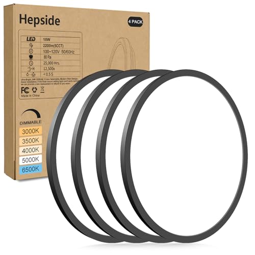 hepside 4Pack LED Flush Mount Ceiling Light Fixture, 9Inch 18W, Dimmable&3000K/3500K/4000K/5000K/6500K Adjustable Low Profile Ceiling Lights, Round Flat Ceiling Light for Closet,Kitchen,Hallway-Black - color: Black, size: 9Inch-4pack