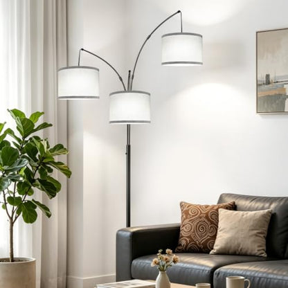 Dimmable Floor Lamp, 3 Lights Black Arc Floor Lamp, Modern Tall Standing Tree Lamp with Grey Linen Shades & Heavy Base, 3000LM LED Bulbs, Bright Lighting for Living Room, Bedroom, Office & Reading - color: Matte Black-Gray Linen Shades