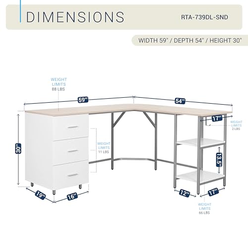 Techni Mobili 59" Two-Tone L‑Shaped Office Desk with Storage Shelves, Sand - color: Sand