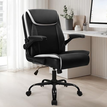 NEO CHAIR PU Leather Office Desk Chair with Adjustable Arms, Black White | Ergonomic Mid Back Computer Desk Chair Comfy with Wheels Swivel Rolling for Home Office Gaming Study - color: Black White