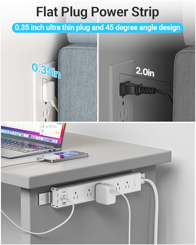 360° Mountable Surge Protector Power Strip with 4 USB Ports (2 USB C), 6 FT Electrical Outlet & Flat Plug Extension Cord for Under Desk, Wall, or Corner Mount (White) - style: Desk Socket - White