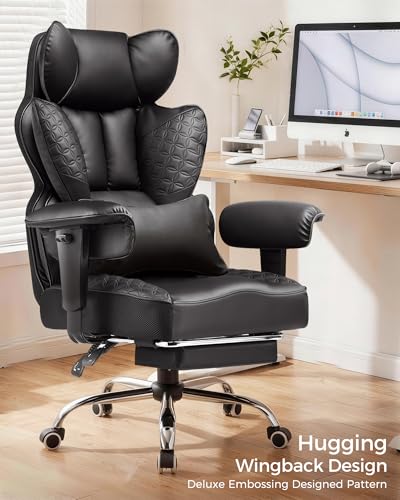 COMHOMA Big and Tall Office Chair Heavy Duty Gaming Chair with Deluxe Embossing Leather High Back Wider Ergonomic Computer Chair with Foot Rest 145°Reclining Pocket Spring Lumbar Support - color: Matte Black