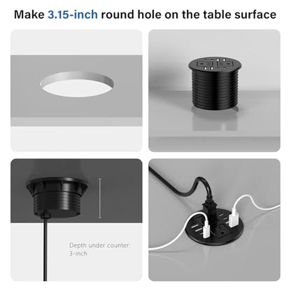 Jgstkcity 3.15 inch Desktop Power Grommet,40W USB Recessed Outlet | 2 Outlets,8 USB Ports,Flush Mount Desk Hole Round Power Outlet,Recessed Power Strip,6FT