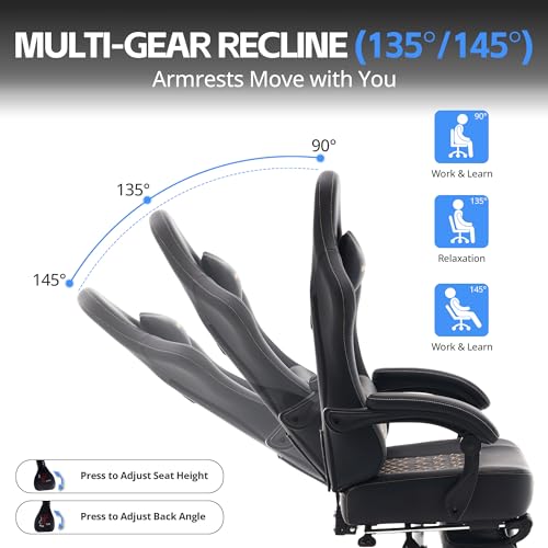 Desk Computer Gaming Chair - Ergonomic Game Office Chair with Extended Footrest and Massage Lumbar Support, Home Gamer Video Game Chairs with Spring Cushion for Adults (Pro Black Leather) - color: Pro Black Leather