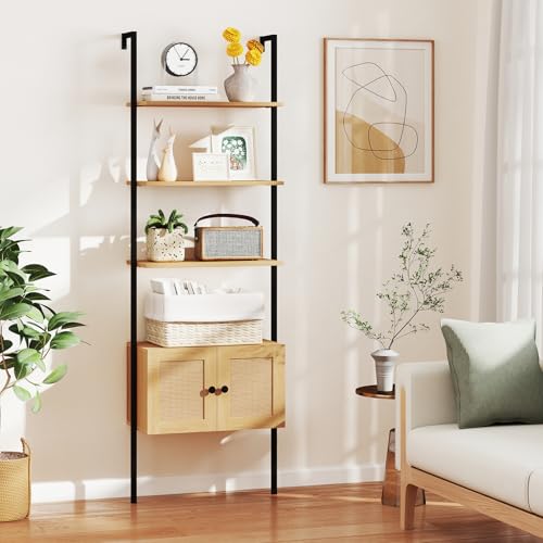 Giantex Ladder Bookshelf with Rattan Cabinet, 5-Tier Tall Wall-Mounted Bookcase with Metal Frame, 72.5" Boho Open Display Shelf Storage Organizer for Living Room, Study, Home Office, Natural