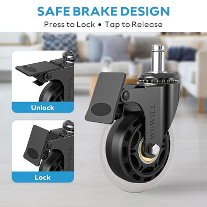 WEWILL Office Chair Wheels - Rubber Casters Replacement Universal Fit 98% Chair(Set of 5) Heavy Duty 3 Inch Smoothly & Quietly Safe for All Floor, Hardwood, Tile, Carpet, Noise Free - Transparent - color: Transparent