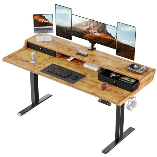 ErGear Electric Standing Desk with Drawers, 63″ x 28″ Gaming Table Compatible Monitor Stand, Stand up Desks, Home Office Height-Adjustable Desk with Storage Shelf, 4 Preset Heights, Vintage Brown - color: Vintage Brown, size: 63" X 28"