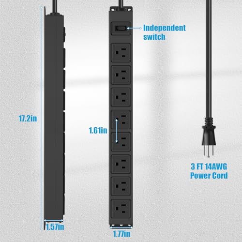 HHSOET 8 Outlet Magnetic Power Strip, 14AWG Extension Cord, 3Ft, Black, 1 - size: 3ft