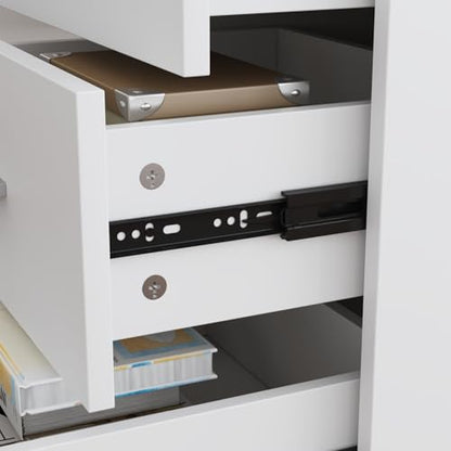 MOUMON L Shaped Standing Desk with Drawers and Shelves, Executive Adjustable Height Desk, L-Shaped Design, 63 inch Tabletop, for Office Oak and White (63”W x 63”D x 28.9-45.3”H) - color: Oak and White, size: 63”W x 63”D x 28.9-45.3”H