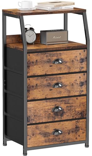 Tall Night Stand, Bedside Table for Bedroom, Small Fabric Dresser | Rustic Brown Dorm Closet Organizer, Vertical Storage Drawer, 2-Tier Shelf, Sturdy Steel Frame, Wood Top - color: Rustic Brown, style: 4 Drawers