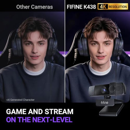 FIFINE K438 4K Resolution Webcam with Built in Microphone for Streaming | USB Computer Auto-Focus Camera, Noise Reduction Mic, Privacy Cover, 6P Lens, 76.3° FOV, Plug & Play for Podcast,Meeting