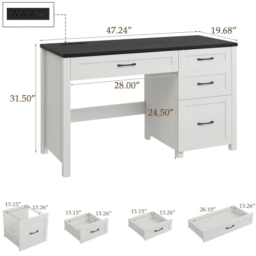 Vabches Farmhouse 47" Computer Desk with 4 Drawers, Black | Executive Desk with File Drawer and Charging Station, Workstation for Home Office, Study - color: Black With Charging Station
