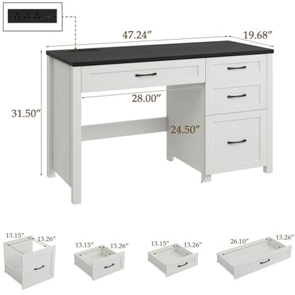 Vabches Farmhouse 47" Computer Desk with 4 Drawers, Black | Executive Desk with File Drawer and Charging Station, Workstation for Home Office, Study - color: Black With Charging Station