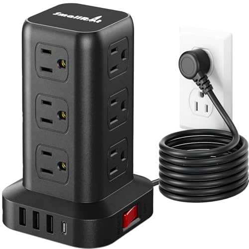 Extension Cord with Multiple Outlets, SMALLRT Power Strip Tower, PD 20W USB C, Outlet Extender with USB Ports 12 AC Outlets, 6.5FT Extension Cord for Home Office, Overload Protection - color: Black, size: 6.5 Ft without wireless charging 20W