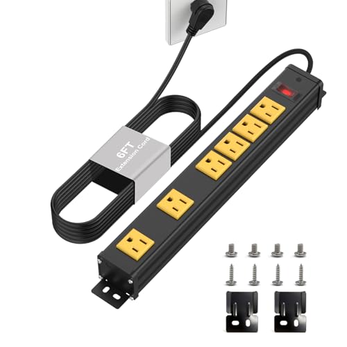 6 Outlet Wall Mount Metal Power Strip, 2 Extra-Wide (2.55IN) and 4 Standard Spaced Outlets, Flat Plug Extension Cord 6FT 14AWG with Switch, 15A 1875W ETL Listed for Garage, Workshop, Home - size: 6 Outlets Wide