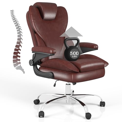 Home Office Chair with Flip-Up Arms, Leather Executive Desk Chair, Brown | Ergonomic Lumbar Support, 500 LBS Capacity, Memory Foam Seat, Adjustable Height, 360° Swivel Casters for Work Study - color: Brown