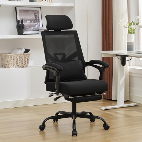 Qulomvs Ergonomic Office Chair with Footrest Home Office Desk Chair with Headrest and Backrest Adjustable Mesh Computer Desk Chair with Wheels 360 Swivel Task Chair - color: Black(upgrade Comfort With Pillow)