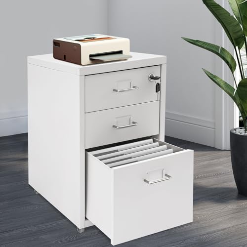 CNCEST 2-Drawer Vertical File Cabinet Metal Mobile Filing Cabinet with Lock Rolling File Drawer Cabinet Under Desk Sturdy Steel Storage Unit with Glide Drawers Lockable Wheels for Home Office (White) - color: White
