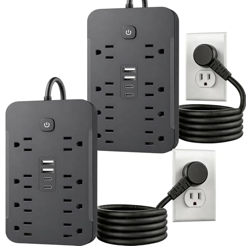 2 Pack 6 Feet Surge Protector Power Strip, 8 AC Outlets and 4 USB Ports (2 USB C), 1430W/11.5A, Flat Plug Extension Cord Outlet Extender for Office, Home, Black