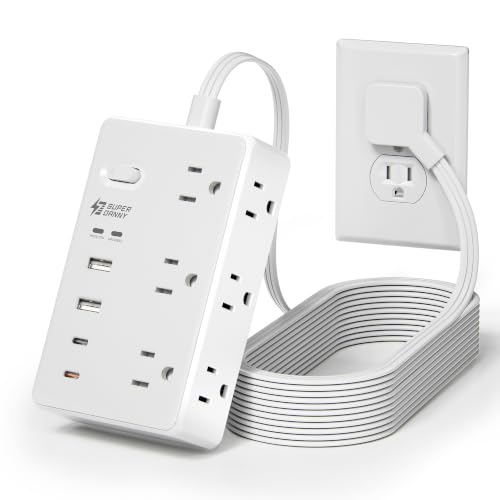 10Ft Long Extension Cord, PD20W, 6 outlets, 2A2C, Flat Plug Surge Protector | Extension Cord with Multiple Outlets, 1050J, 10ft extension cord, Long power strip for Home, Office Supplies, Dorm Essentials - size: 10 ft