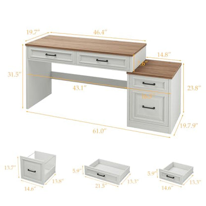 Vabches 61" Farmhouse Computer Desk with Storage and File Drawer | Executive Desks with Printer Stand, Rustic Large Home Writing Desk for Home Office - color: Unique White