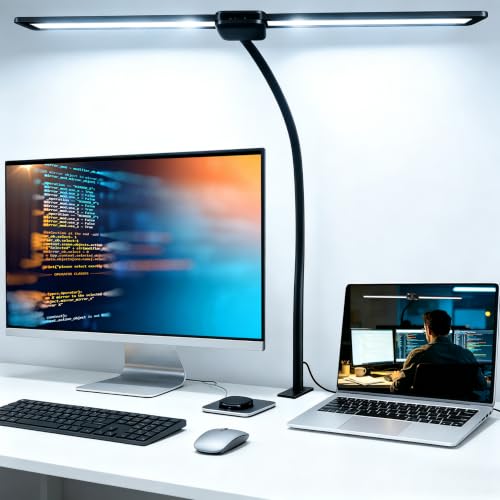 LED Desk Lamp for Home Office, Double Head Computer Monitor Light with Clamp, 5 Color Modes and 3 Brightness Levels, Long Flexible Goose-Neck, USB Eye-Caring Clip on Lights for Reading, Black - style: Double Tubes Lamp