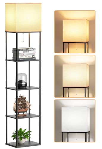 Large Floor Lamp with Shelves, 5-Tier Tall Floor lamp with for Living Room, Shelf Floor Lamp with 3 CCT LED Bulb, Corner Display Standing Column Lamp, Etagere Organizer Tower Nightstand for Bedroom - color: Black Large