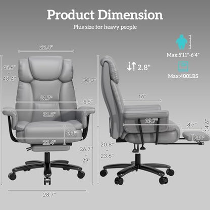 GYI 160 Reclining Office Chair with Footrest, Big & Tall Desk Chair, Grey | Cross Legged Seat, High Back, Faux Leather, Heavy Duty Base, Adjustable Height, for Home, Executive - color: Grey