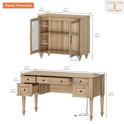 WAMPAT Home Office Furniture Set, 56'' Executive Desk with Charging Station, Farmhouse Cabinet with Glass Doors, Wood Computer Desk with File Cabinet, Open Shelf, Oak - color: Oak