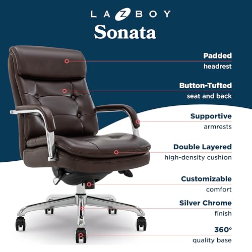 La-Z-Boy Sonata Executive Mid-Back Office Chair, Button-Tufted Seat and Back, Double-Layer Cushion, Padded Armrests, Ergonomic Computer DeskChair, Swivel Metal Base, Bonded Leather, Dark Brown/Chrome - color: Dark Brown and Chrome