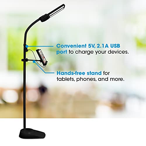 OttLite Dual Shade LED Floor Lamp with Adjustable Stand, Black | Natural Daylight LEDs | Dual Pivoting Shades | 4 Brightness Settings | Tablet and Phone Stand - color: Black