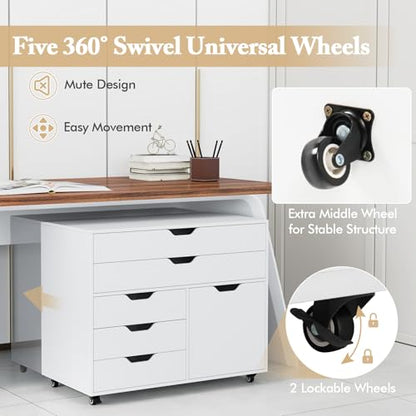 MAT EXPERT 5-Drawer Mobile File Cabinet w/Door, Lateral Filing Cabinet w/5 Universal Wheels, Rolling File Cabinets with Storage, Modern Wood Printer Stand for Home Office, Living Room, Study (White) - color: White