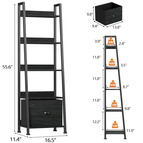 Furologee Ladder Shelf, Ladder Bookshelf with Drawer, Industrial 5 Tier Book Shelf, Display Open Bookcase Storage Shelves for Books, CDs, Photos, Black Shelving Unit for Home Office, Living Room