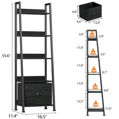 Furologee Ladder Shelf, Ladder Bookshelf with Drawer, Industrial 5 Tier Book Shelf, Display Open Bookcase Storage Shelves for Books, CDs, Photos, Black Shelving Unit for Home Office, Living Room