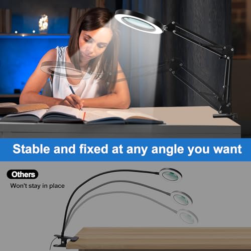 10X Magnifying Glass with Light and Clamp, Real Glass Lens, Adjustable Swing Arm, 3 Color Modes, Stepless Dimming LED Magnifying Lamp for Reading, Crafts, Soldering, Sewing & Close Work - style: Clamp【BASIC】