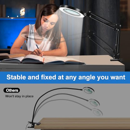 10X Magnifying Glass with Light and Clamp, Real Glass Lens, Adjustable Swing Arm, 3 Color Modes, Stepless Dimming LED Magnifying Lamp for Reading, Crafts, Soldering, Sewing & Close Work - style: Clamp【BASIC】