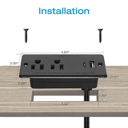 HHSOET Furniture Recessed Power Strip, 20W USB C Ports, Black, 10FT - size: 10ft-USB-C