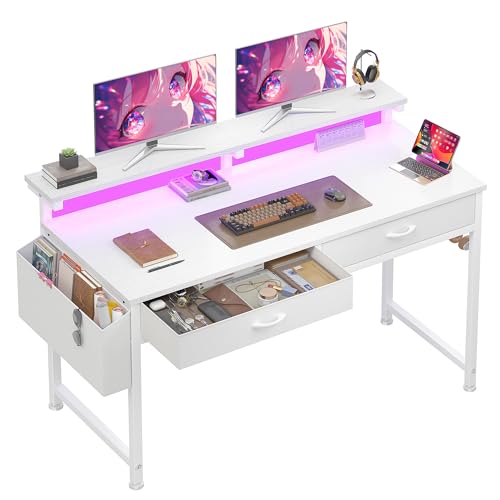 DurayLoly 47.3”Computer Desk with 2Drawers & LED Lights,Space Saving,White | Home Office Desks with Side Pocket and Monitor Stand,Gaming Desk with Headphone Hook,Study Writing Table with Anti-Tip Design - color: White, size: 47.3 Inch
