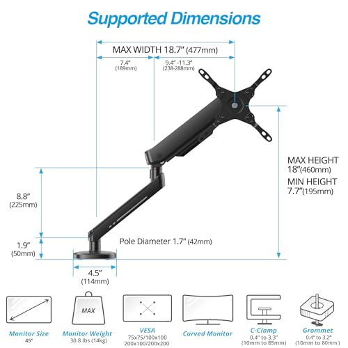 AVLT Single 27”-45” RGB Gaming Monitor Arm Desk Mount -Black | Built-in 20 Lighting Modes Touch Button Control Fits Flat/Curved/Ultrawide Screen Height Swivel Tilt Rotation Adjustable - color: Black - Single