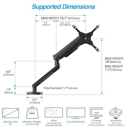 AVLT Single 27”-45” RGB Gaming Monitor Arm Desk Mount -Black | Built-in 20 Lighting Modes Touch Button Control Fits Flat/Curved/Ultrawide Screen Height Swivel Tilt Rotation Adjustable - color: Black - Single