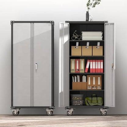 Rolling Garage Storage Cabinet with Locking Door and Shelves, 71''H Lockable Metal Storage Cabinet on Wheels, Steel Tool Cabinet for Warehouse, Basement, Utility Room, Black&Gray - size: Large