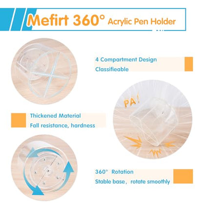 Mefirt Acrylic Pen Holder, 360 Degree Marker Organizer for Desk, Rotating Desk Storage With 4 Compartments, Art Supply Crayon Holder for Office School Home, Clear - style: Clear-Medium