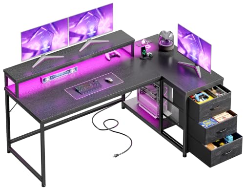 EnHomee 55" L Shaped Gaming Desk with 3 Storage Drawers & LED for Bedroom | PC Desk with 3 Drawers; Organize Stationery and Gaming Gear for Tidy Teen Gaming, 40-Mode RGB LED,Adjust the Lighting, Black - color: Black, size: 55inch