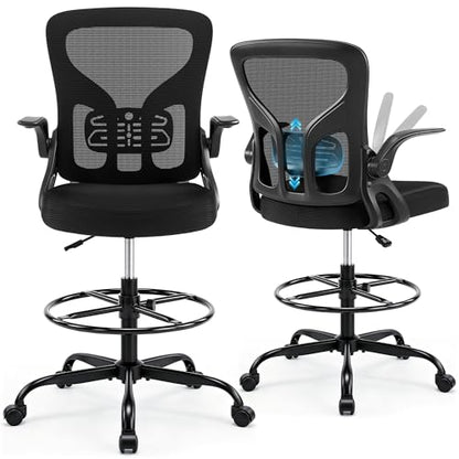 Drafting Chair for Standing Desk, Tall Office Chair with 22"-30" Seat Height &7" Lift Footrest Ring, Ergonomic Executive Mesh Computer Counter Stool with Lumbar Support &Flip-up Arms for Artist - color: Black