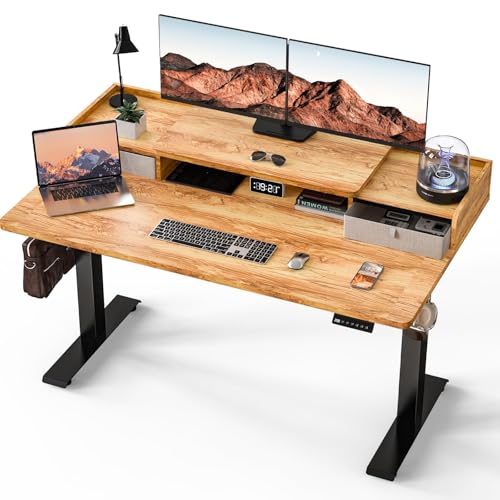 Kingant Standing Desk with Dual Drawers,Electric Height Adjustable 55"x 30" | Built-in USB A&C Charging ports Large Workstation, Heavy-Duty Sit Stand Up Desk For Home Office Daily Work,Light Rustic Brown - color: Light Rustic Brown, size: 55" x 30"