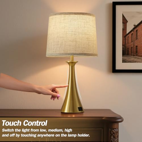 Touch Table Lamps Set of 2, 21" Bedside Lamps with USB C+A, Gold | 3 Way Dimmable Nightstand Lamps with Linen Shades, 2 LED Bulbs Included, Touch Lamp for Living Room, Bedroom and End Tables - color: Gold 2pcs