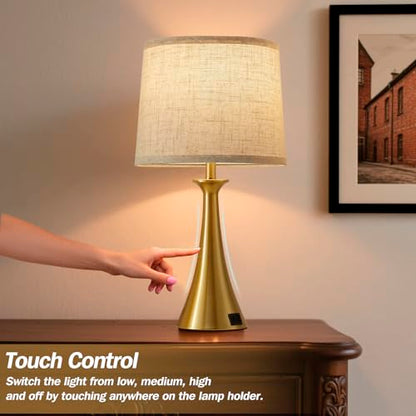 Touch Table Lamps Set of 2, 21" Bedside Lamps with USB C+A, Gold | 3 Way Dimmable Nightstand Lamps with Linen Shades, 2 LED Bulbs Included, Touch Lamp for Living Room, Bedroom and End Tables - color: Gold 2pcs