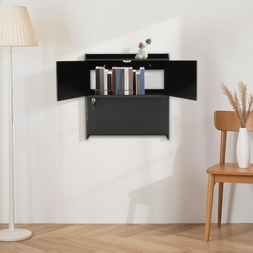 Wall-Mounted Desk Cabinet, 2-Tier Wall-Mounted Folding Table Cabinet, 22.83 * 7.87 * 23.62in Multifunctional Fold-Down Laptop Table with Lockable Storage (Black)