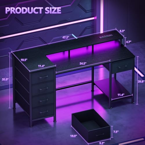Korfile 47 Inch Gaming Computer Desk with Power Outlets,LED,5 Drawers,Black - color: Black, size: 47 Inch